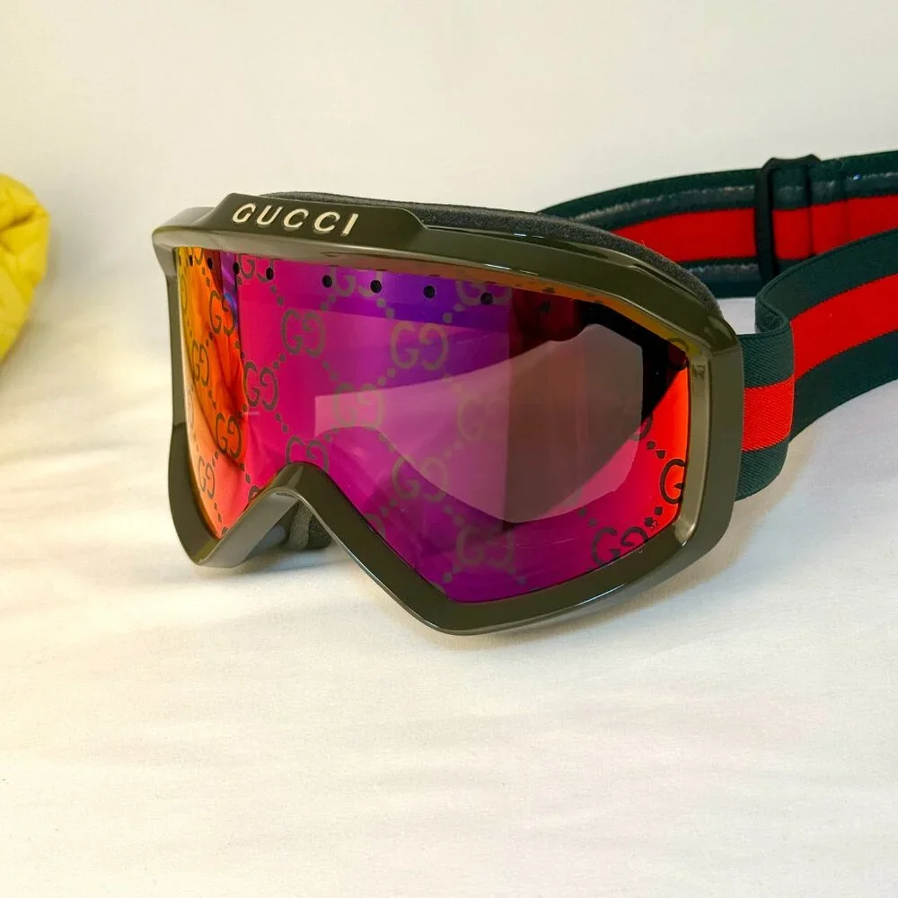 NEW GUCCI Mirrored Ski Mask Goggles SHINY SOLID DARK GREEN with logo unisex - Picture 3 of 9